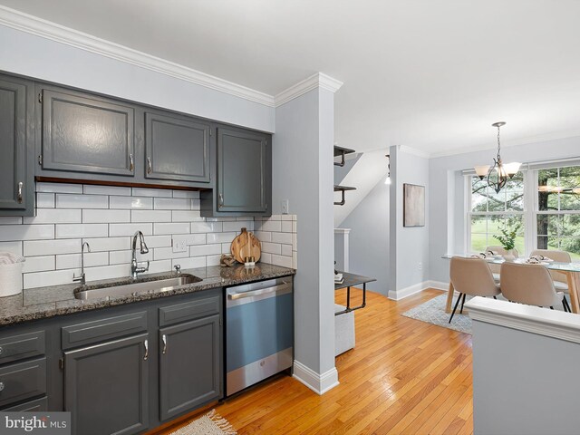 998 Glackens Ln, Wilmington, DE 19808 - kitchen with stainless steel dishwasher, a sink, backsplash, crown molding, and light wood-style flooring