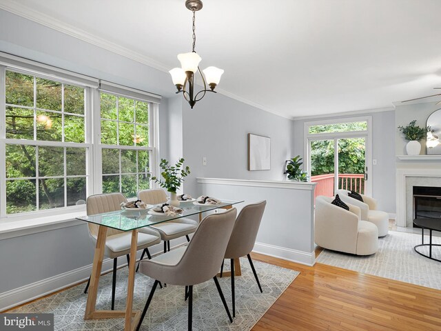 998 Glackens Ln, Wilmington, DE 19808 - dining room featuring ornamental molding, a chandelier, wood finished floors, baseboards, and a premium fireplace