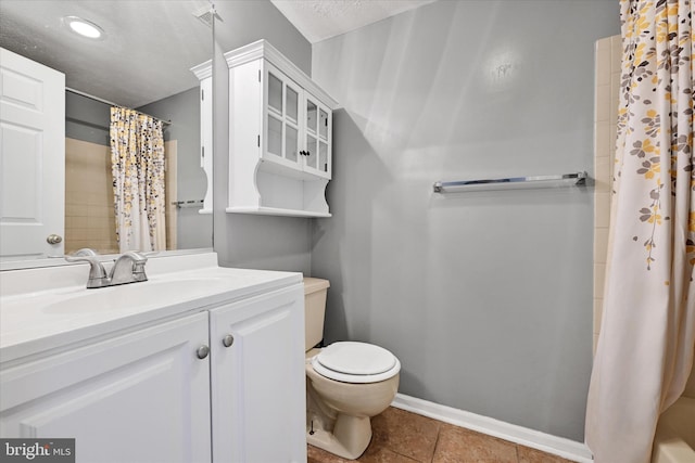bathroom with tile patterned floors, vanity, toilet, and a shower with shower curtain