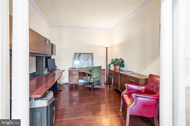 home office featuring wood finished floors and ornamental molding