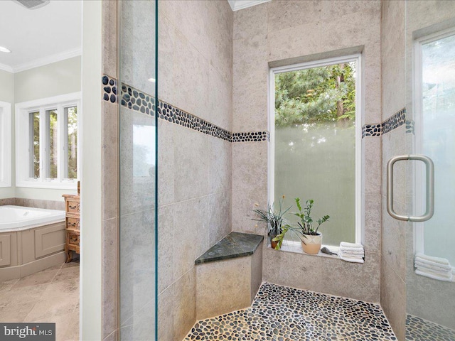 bathroom with a shower stall, a garden tub, and ornamental molding