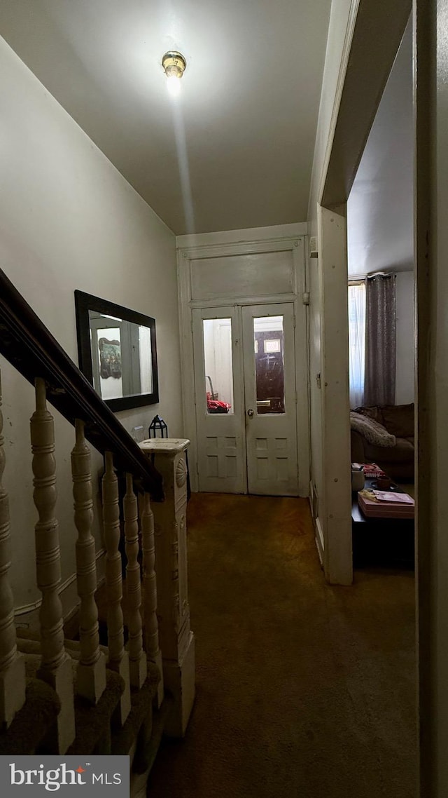 foyer featuring carpet floors and stairway