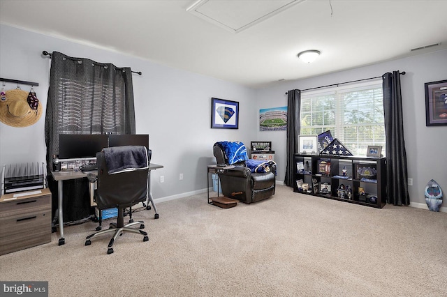home office featuring carpet floors and baseboards
