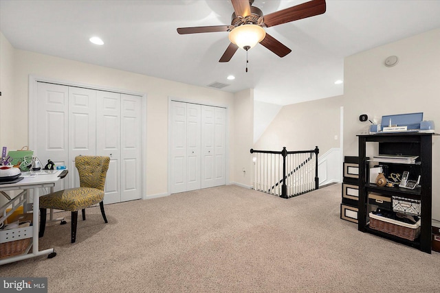 carpeted home office with recessed lighting, visible vents, and ceiling fan