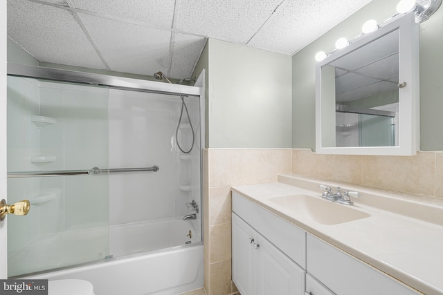400 Glendale Rd Unit H-30, Havertown, PA 19083 - full bath with vanity, enclosed tub / shower combo, tile walls, a drop ceiling, and wainscoting