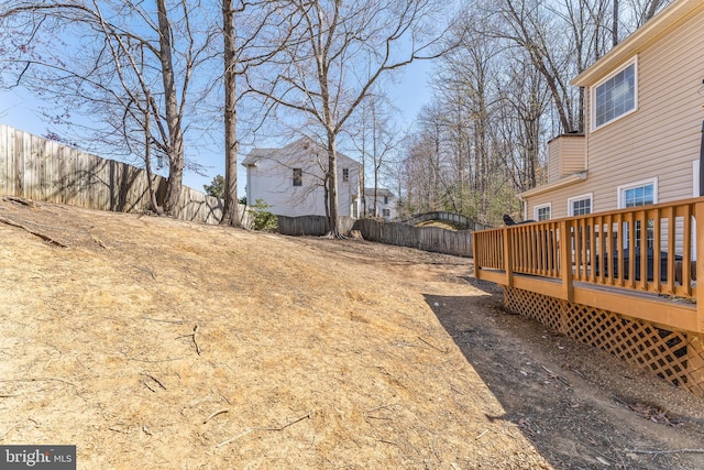 view of yard featuring a fenced backyard and a deck