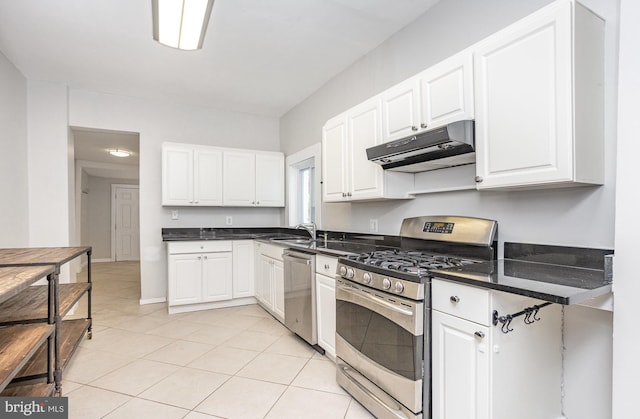 3524 Hickory Ave, Baltimore, MD 21211 - kitchen featuring white cabinets, dark countertops, appliances with stainless steel finishes, and under cabinet range hood