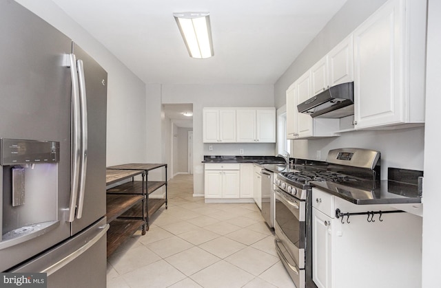 3524 Hickory Ave, Baltimore, MD 21211 - kitchen featuring white cabinetry, dark countertops, stainless steel appliances, and under cabinet range hood