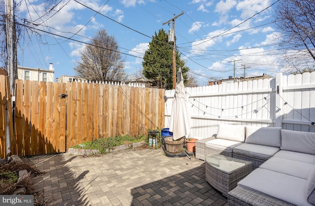 3524 Hickory Ave, Baltimore, MD 21211 - view of patio / terrace with a fenced backyard, a gate, and outdoor lounge area