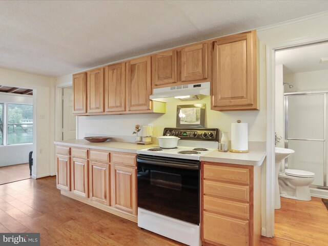 kitchen featuring light wood-style floors, white electric range, light countertops, and under cabinet range hood