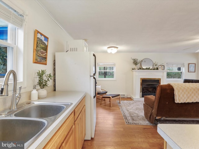 kitchen with freestanding refrigerator, a glass covered fireplace, a sink, open floor plan, and light wood finished floors