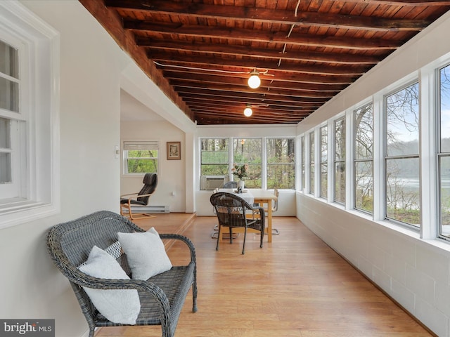 sunroom with a baseboard heating unit, wooden ceiling, beam ceiling, and wood finished floors