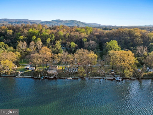bird's eye view with a wooded view and a water and mountain view