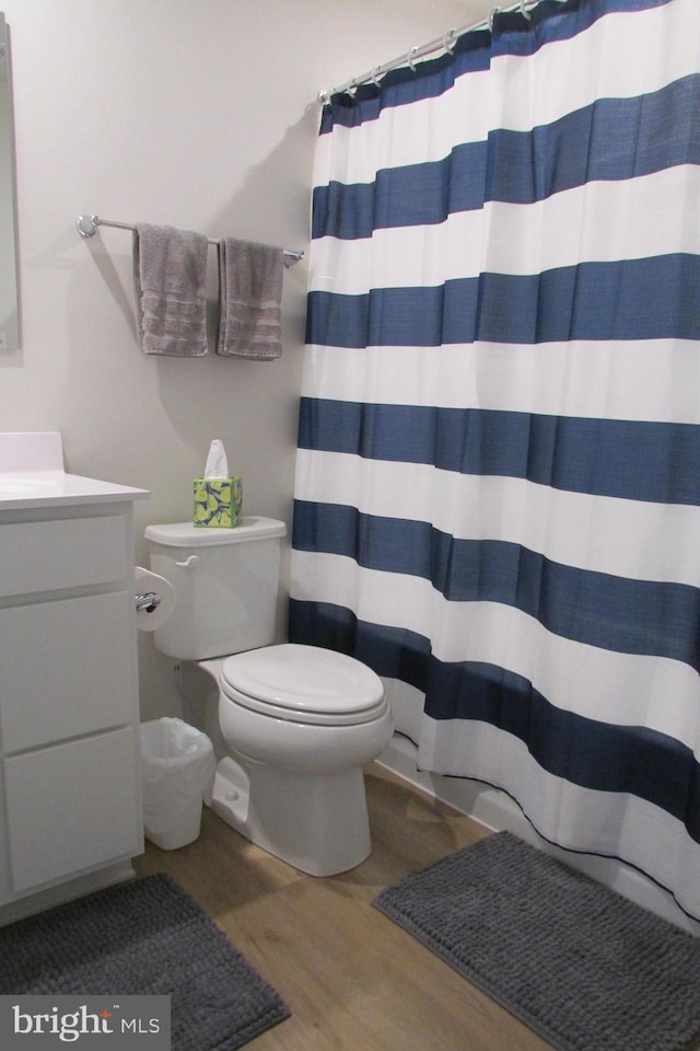 30155 Creekview Cir, Selbyville, DE 19975 - bathroom with toilet, a shower with shower curtain, wood finished floors, and vanity