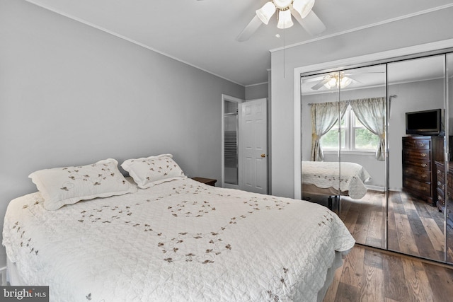 bedroom with crown molding, a closet, a ceiling fan, and hardwood / wood-style flooring