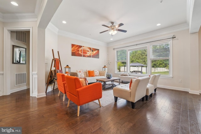 2042 Drovers Ln, Cooksville, MD 21723 - living area with hardwood / wood-style floors, baseboards, ceiling fan, recessed lighting, and ornamental molding