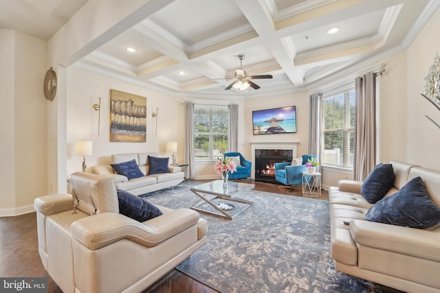 2042 Drovers Ln, Cooksville, MD 21723 - living area with healthy amount of natural light, baseboards, beam ceiling, wood finished floors, and crown molding