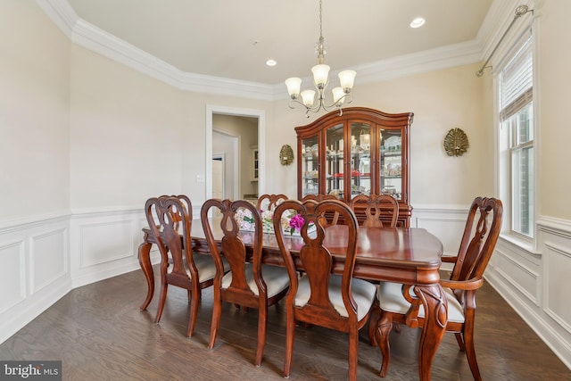 2042 Drovers Ln, Cooksville, MD 21723 - dining room featuring a chandelier, dark wood-style flooring, crown molding, wainscoting, and recessed lighting