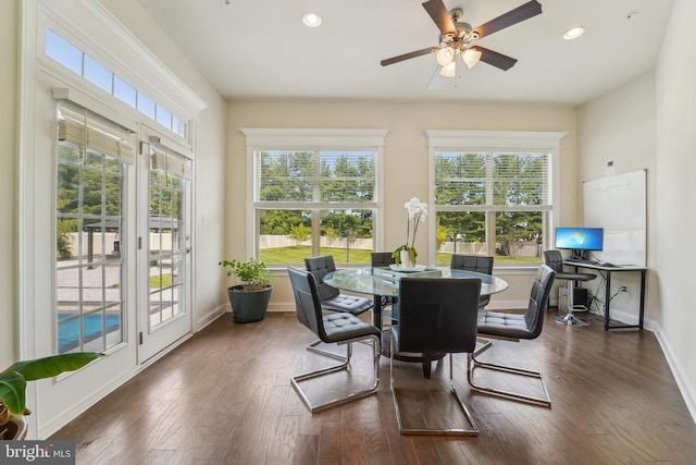 2042 Drovers Ln, Cooksville, MD 21723 - dining room featuring recessed lighting, a ceiling fan, baseboards, and dark wood-style flooring