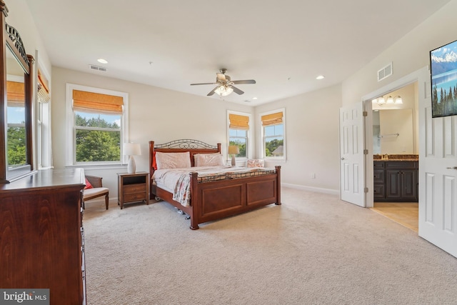 2042 Drovers Ln, Cooksville, MD 21723 - bedroom featuring light colored carpet, baseboards, recessed lighting, ensuite bath, and ceiling fan