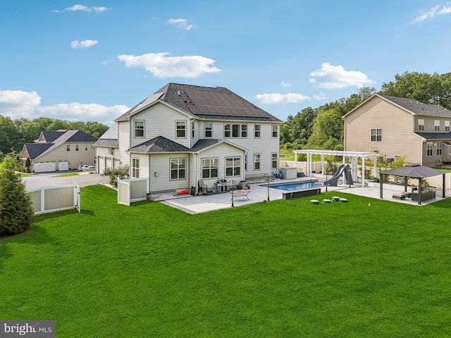 2042 Drovers Ln, Cooksville, MD 21723 - back of property with a gazebo, solar panels, a jacuzzi, a pergola, and a patio area