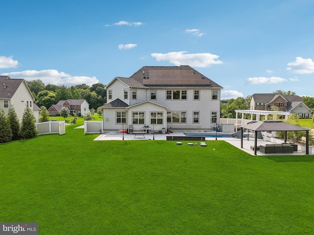 2042 Drovers Ln, Cooksville, MD 21723 - rear view of house featuring outdoor lounge area, a pergola, roof mounted solar panels, a patio, and a shingled roof