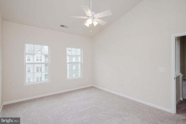 5207 Wyndholme Cir Unit 402, Baltimore, MD 21229 - carpeted spare room featuring visible vents, baseboards, a ceiling fan, and high vaulted ceiling