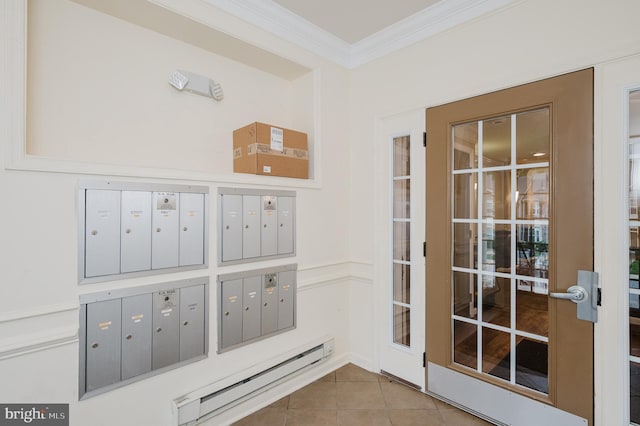 5207 Wyndholme Cir Unit 402, Baltimore, MD 21229 - entryway with tile patterned flooring, baseboard heating, crown molding, and mail area