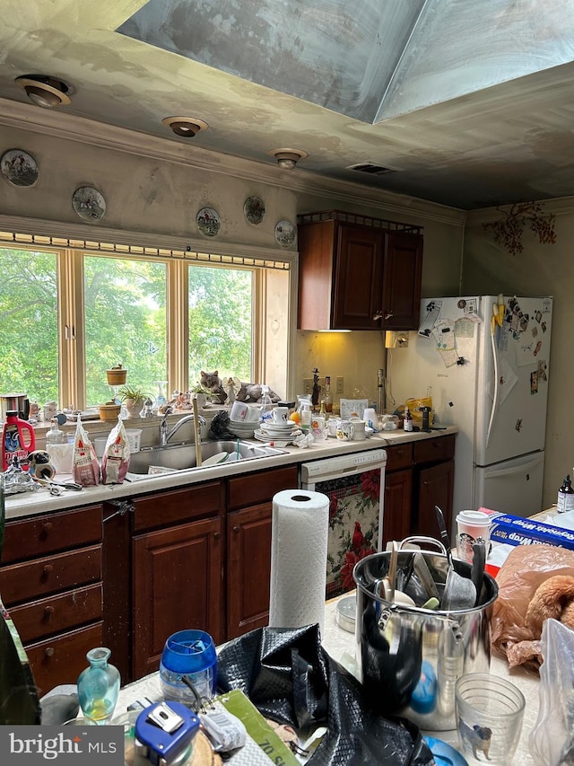 kitchen featuring a sink, dishwashing machine, light countertops, freestanding refrigerator, and crown molding