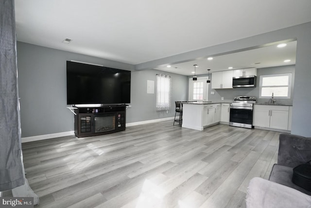 living room featuring light wood-style flooring, a wealth of natural light, baseboards, and visible vents