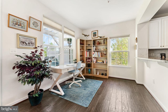 office area with dark wood-style flooring, plenty of natural light, and baseboards
