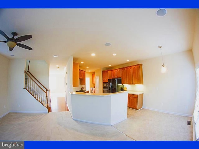 kitchen with freestanding refrigerator, baseboards, light colored carpet, recessed lighting, and a ceiling fan