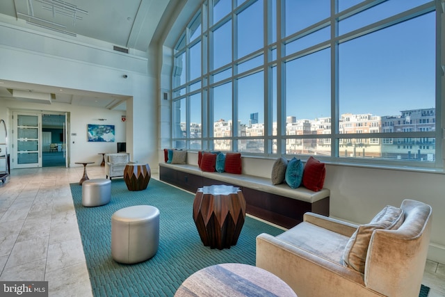 building lobby with a city view