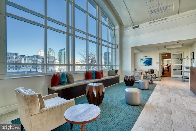 lobby with a skyline view