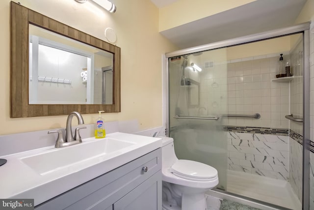 bathroom featuring toilet, vanity, and a stall shower