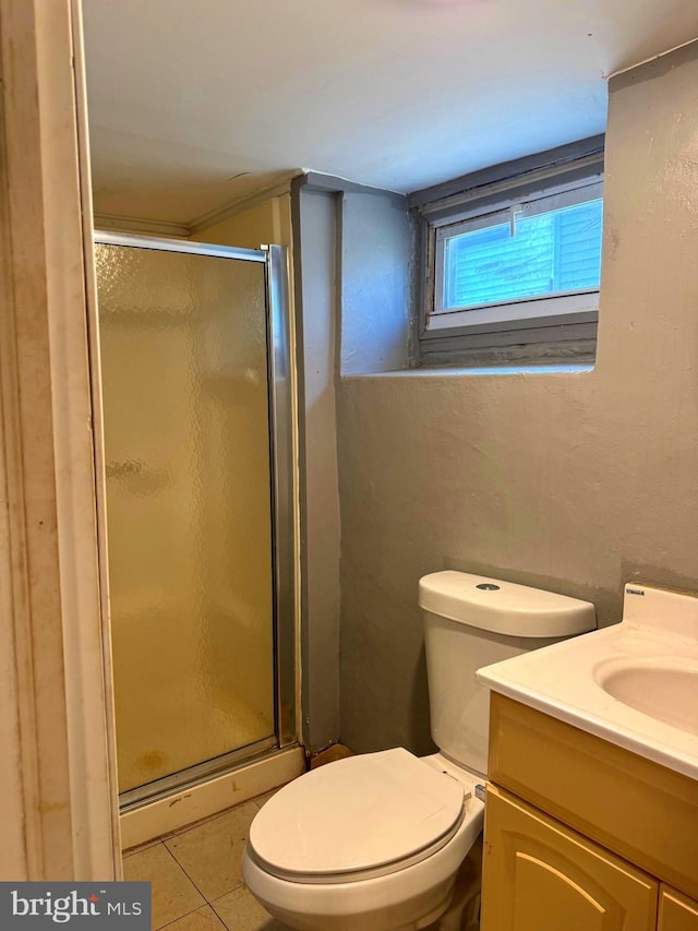 bathroom featuring toilet, vanity, tile patterned flooring, and a shower stall