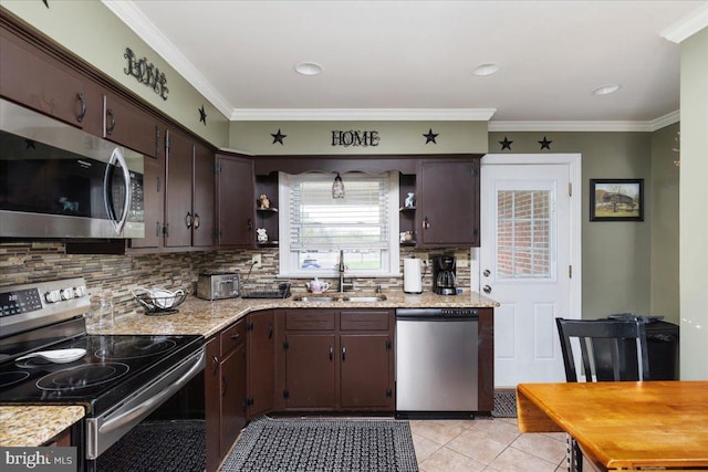 kitchen with light tile patterned floors, open shelves, a sink, dark brown cabinets, and stainless steel appliances
