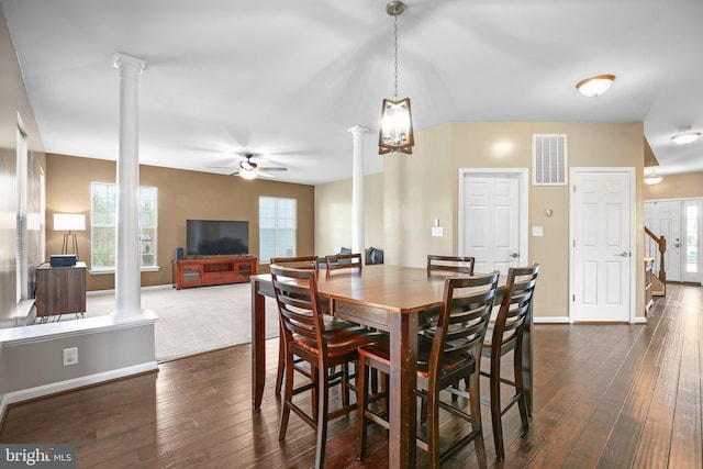 dining area featuring visible vents, ornate columns, and a ceiling fan