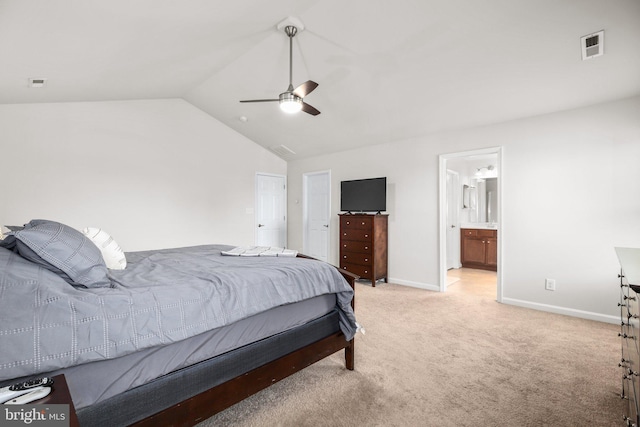 bedroom featuring baseboards, vaulted ceiling, light carpet, visible vents, and ceiling fan