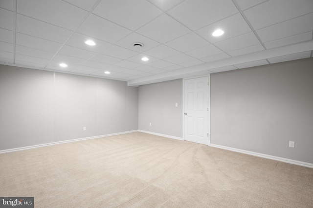 finished below grade area featuring recessed lighting, baseboards, and carpet floors