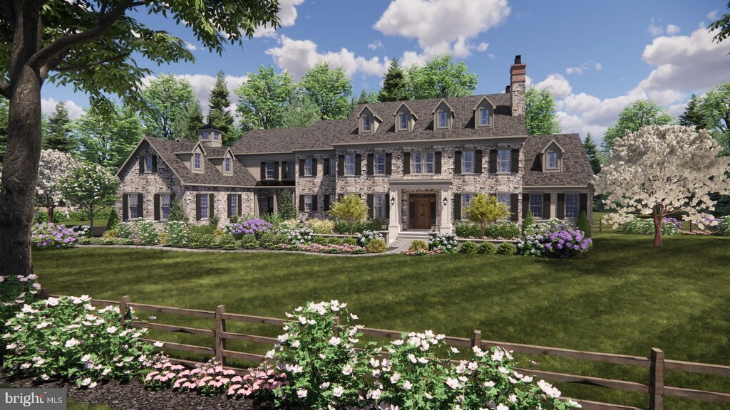 view of front facade featuring fence, a chimney, brick siding, and a front lawn