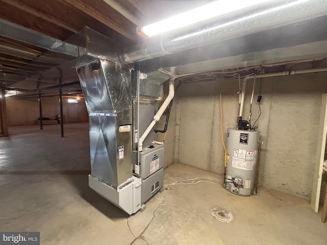 unfinished basement with gas water heater and heating unit