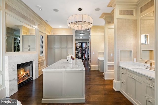 bathroom with crown molding, vanity, a premium fireplace, wood finished floors, and a closet