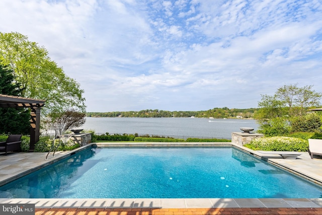 view of swimming pool with a water view, a fenced in pool, and a patio area