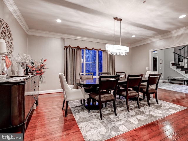 6 Paladia Way, Pikesville, MD 21208 - dining space with stairs, a notable chandelier, crown molding, and wood finished floors