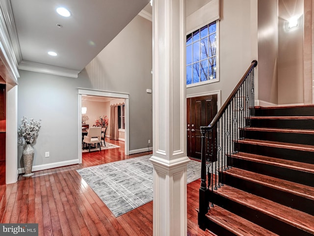 6 Paladia Way, Pikesville, MD 21208 - entryway featuring hardwood / wood-style flooring, stairway, baseboards, ornamental molding, and recessed lighting