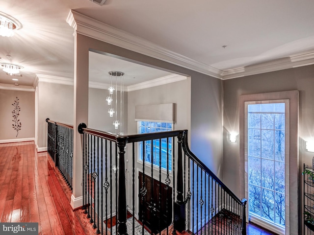 6 Paladia Way, Pikesville, MD 21208 - hallway with baseboards, crown molding, an upstairs landing, and hardwood / wood-style flooring