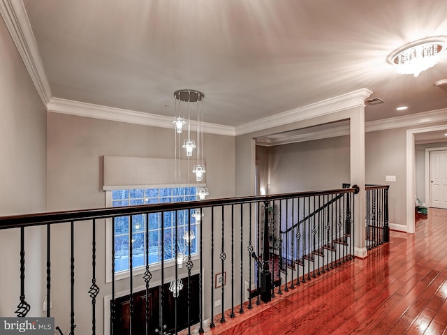 6 Paladia Way, Pikesville, MD 21208 - hallway featuring wood-type flooring, an upstairs landing, and crown molding
