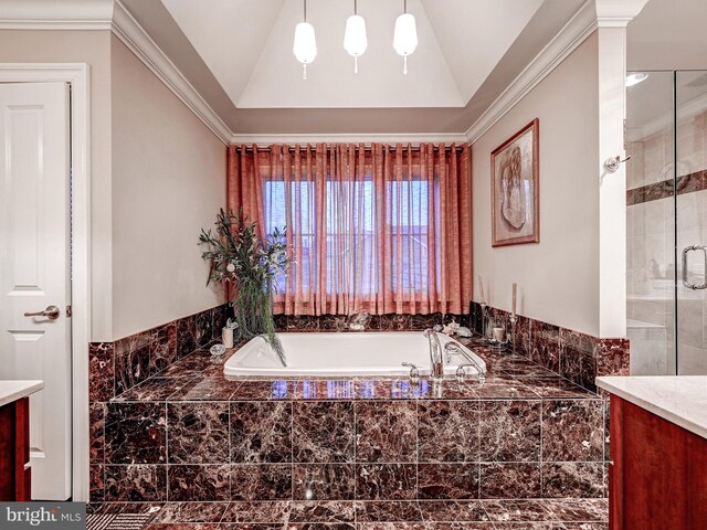 6 Paladia Way, Pikesville, MD 21208 - full bath featuring ornamental molding, vanity, a shower stall, and a bath