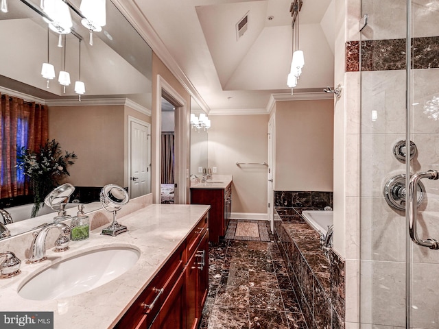 6 Paladia Way, Pikesville, MD 21208 - bathroom featuring vaulted ceiling, crown molding, a sink, two vanities, and a bath